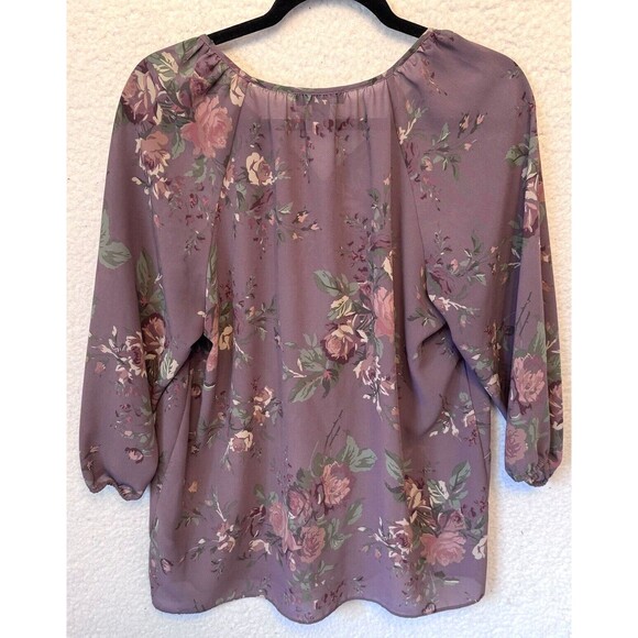 Chaps‎ Purple Mauve Pink Floral Semi-Sheer 3/4 Sleeve Vneck Top Blouse Large - Picture 5 of 10